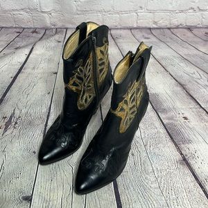 FRYE - "Regina"  Overlay Leather High-Heeled Ankle Boots